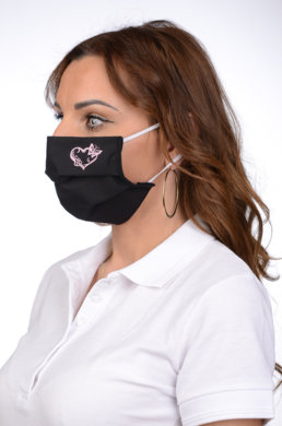 Rúško antibakteriálne na tvár čierne -BORT,dvojvrstvové-1vrstva(100%bavlna), 1vrstva (100%polyester s iónmi striebra) s výšivkou-srdce (ružové) 097 - VYROBENÉ NA SLOVENSKU