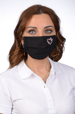 Rúško antibakteriálne na tvár čierne -BORT,dvojvrstvové-1vrstva(100%bavlna), 1vrstva (100%polyester s iónmi striebra) s výšivkou - srdce (ružové) 097 - VYROBENÉ NA SLOVENSKU