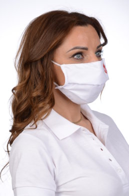 Rúško antibakteriálne na tvár biele-BORT,dvojvrstvové-1vrstva(100%bavlna), 1vrstva (100%polyester s iónmi striebra) s výšivkou - srdce (červené) 091 - VYROBENÉ NA SLOVENSKU