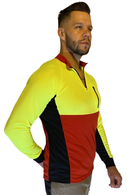 Tričko MATEJ - funkčné - neónová žltá/červená - dlhý rukáv VYROBENÉ NA SLOVENSKU