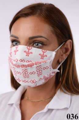 Rúško antibakteriálne-BORT ,dvojvrstvové-1vrstva(100%bavlna), 1vrstva (100%polyester s iónmi striebra)-s čičmanským vzorom  (červené s bielym podkladom) 036 - VYROBENÉ NA SLOVENSKU