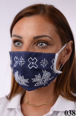 Rúško antibakteriálne-BORT ,dvojvrstvové-1vrstva(100%bavlna), 1vrstva (100%polyester s iónmi striebra)-s čičmanským vzorom  (biele s tm.modrým  podkladom) 038 - VYROBENÉ NA SLOVENSKU