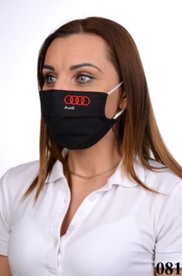 Antibakteriálne bavlnené rúško BORT, dvojvrstvové-1vrstva(100%bavlna), 1vrstva (100%polyester s iónmi striebra)s výšivkou  motív AUDI (čierne) 081 - VYROBENÉ NA SLOVENSKU